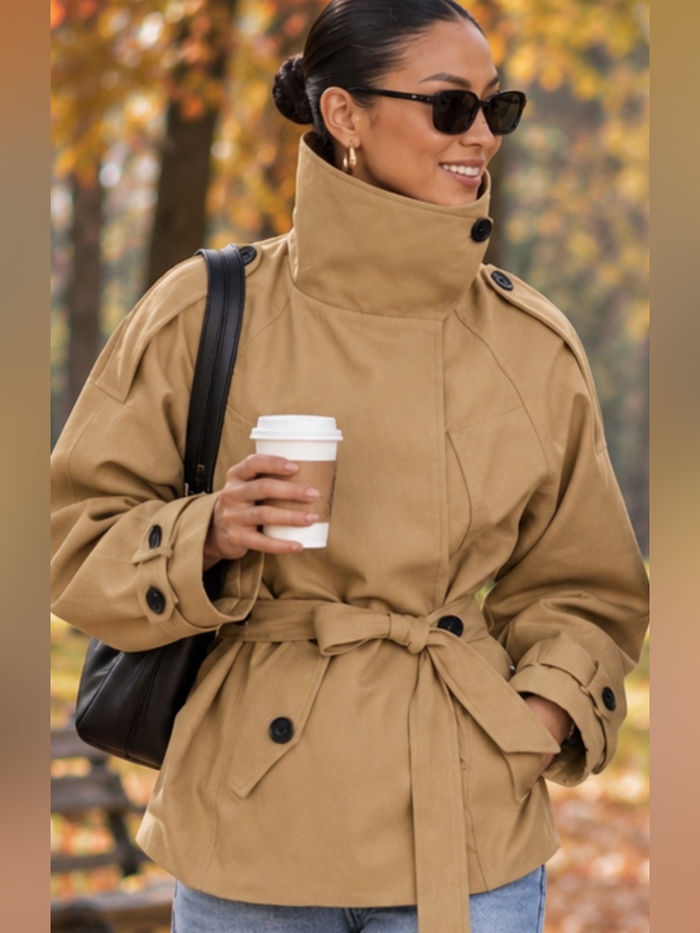 Funnel Neck Twill Tan Belted Trench Jacket - Casual Chic Outerwear Large NWT